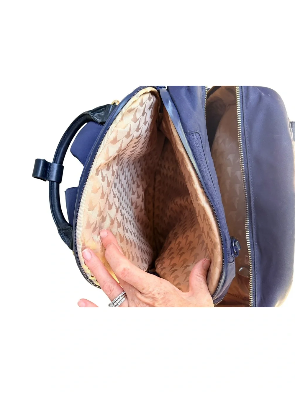 Lo & Sons Rowledge Backpack Navy Nylon Brown Leather Laptop Travel Work Bag